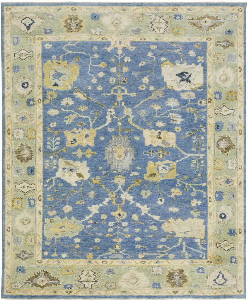 Blue And Green Wool Oriental Hand Knotted Area Rug With Fringe Photo 2