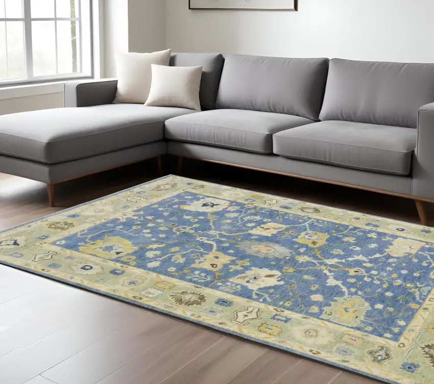 Blue And Green Wool Oriental Hand Knotted Area Rug With Fringe Photo 1