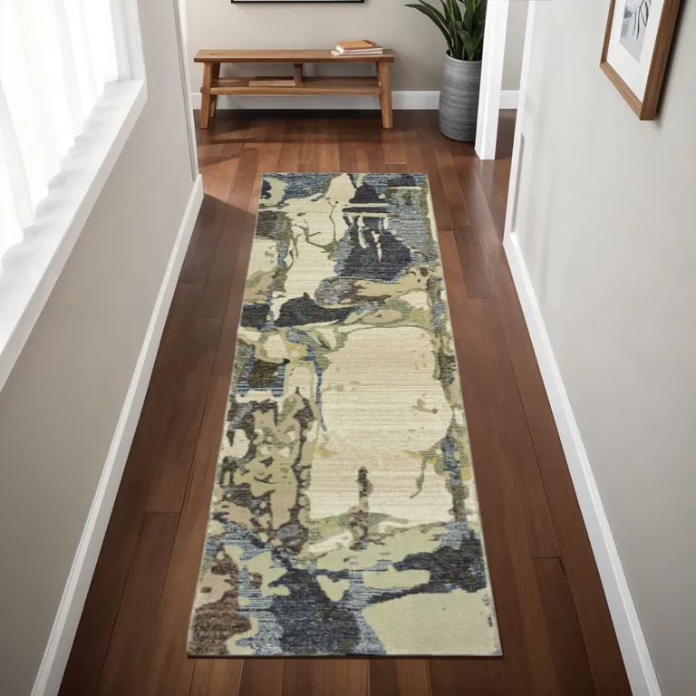 Blue And Grey Abstract Power Loom Stain Resistant Runner Rug Photo 5