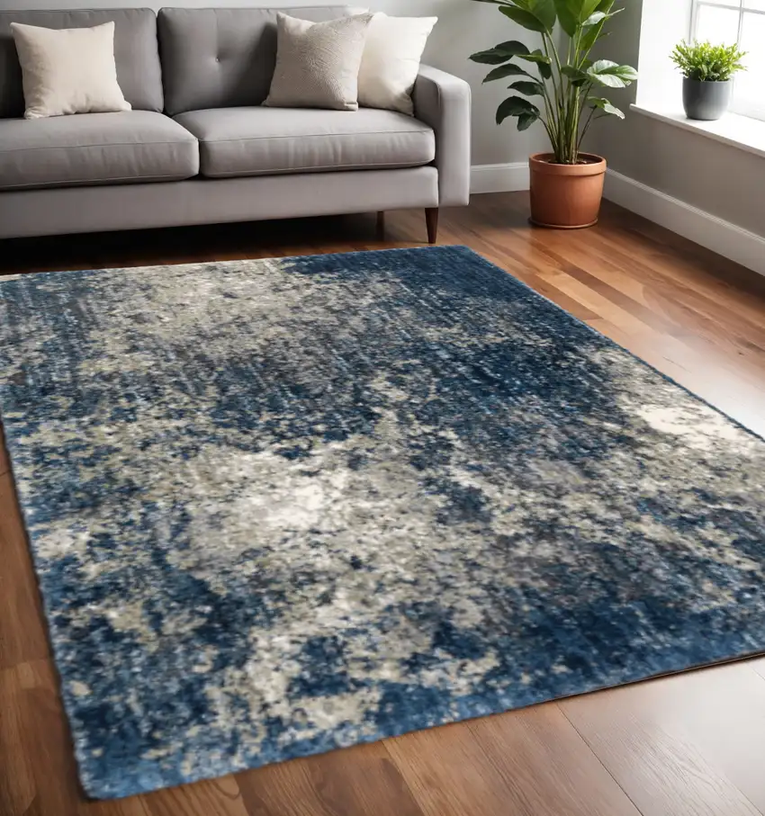 Blue And Grey Abstract Shag Power Loom Stain Resistant Area Rug Photo 1