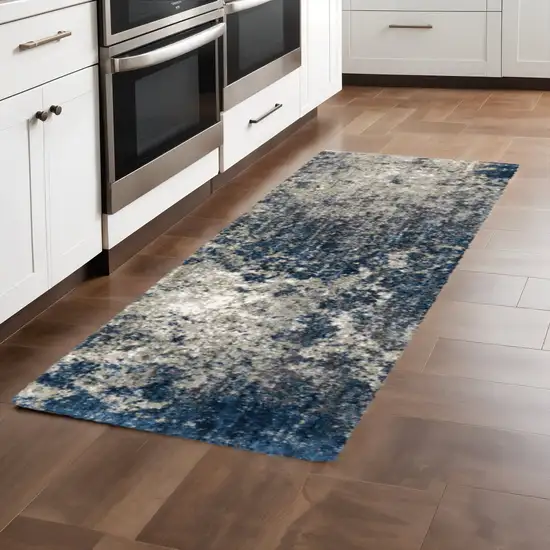 8' Blue And Gray Abstract Shag Runner Rug Photo 1