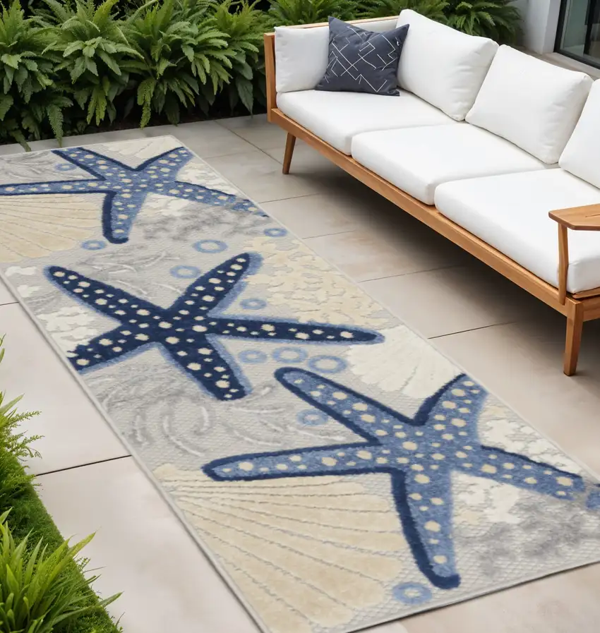 8' Blue And Gray Indoor Outdoor Runner Rug Photo 2