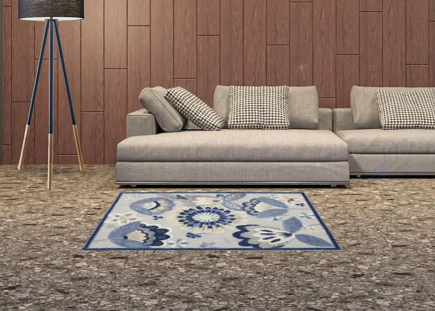 Blue And Grey Floral Non Skid Indoor Outdoor Area Rug Photo 2