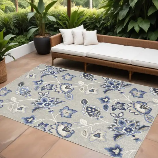 Blue And Grey Floral Stain Resistant Non Skid Area Rug Photo 1