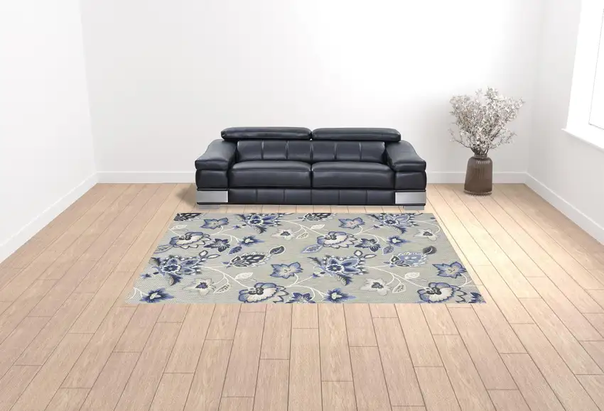 Blue And Grey Floral Stain Resistant Non Skid Area Rug Photo 2