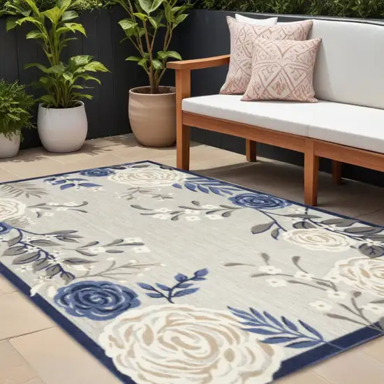 Blue And Grey Floral Stain Resistant Non Skid Area Rug Photo 1