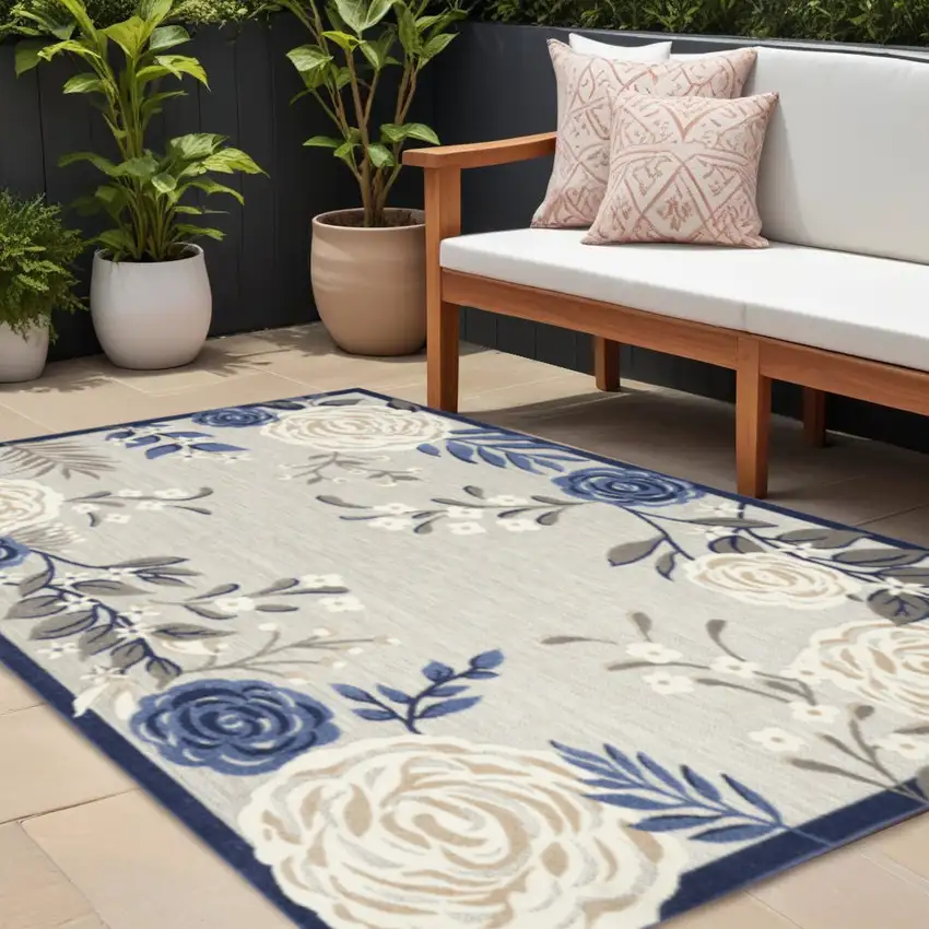 Blue And Grey Floral Stain Resistant Non Skid Area Rug Photo 1