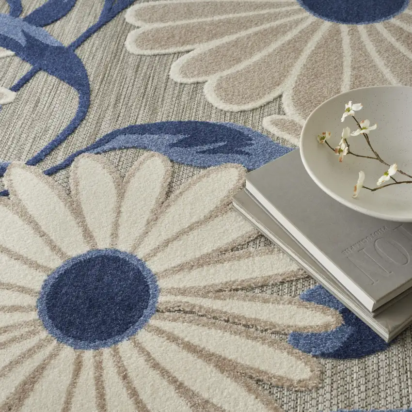 Blue and Gray Floral Non Skid Indoor Outdoor Area Rug Photo 9