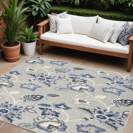 Blue And Grey Floral Stain Resistant Non Skid Area Rug Photo 1