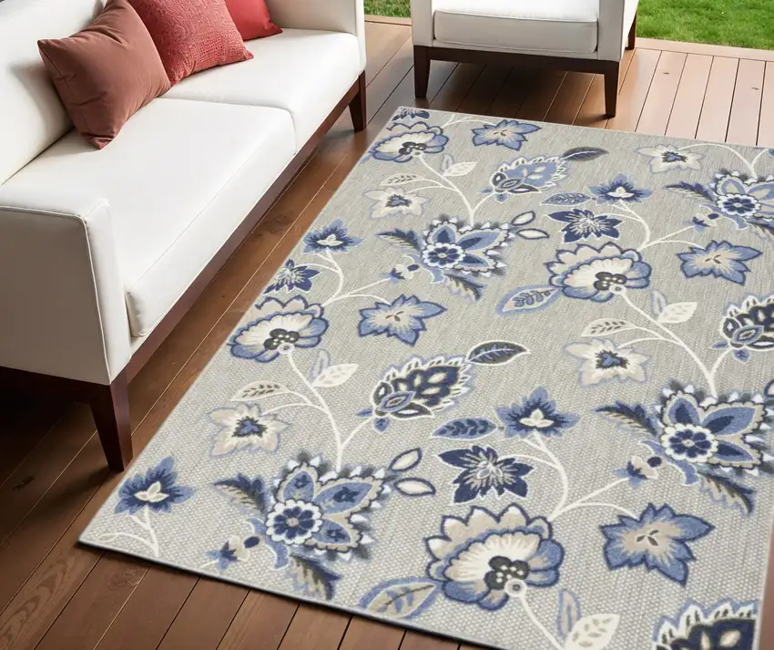 Blue And Grey Floral Stain Resistant Non Skid Area Rug Photo 1
