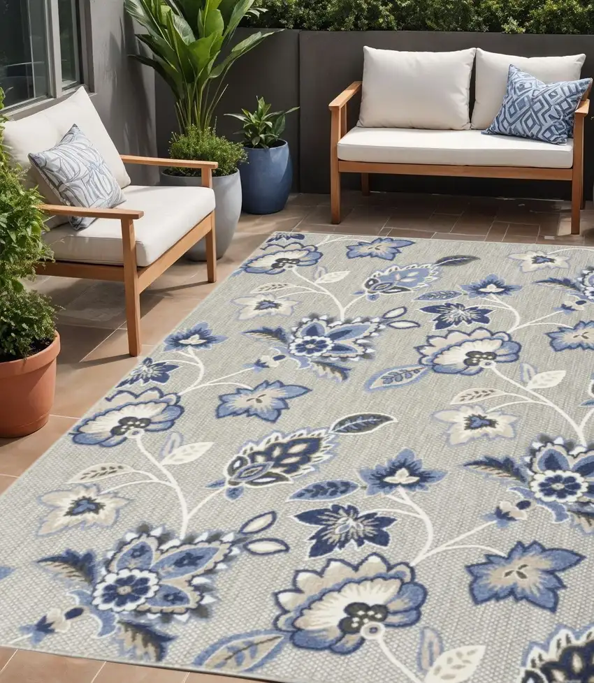 Blue And Grey Floral Stain Resistant Non Skid Area Rug Photo 1