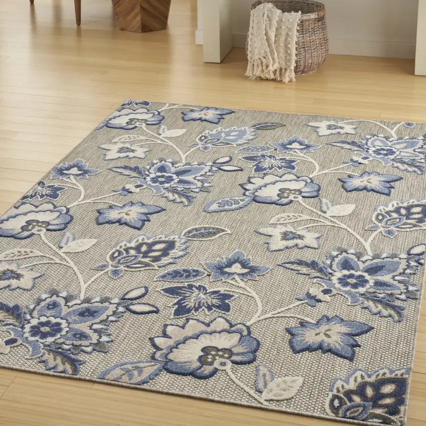 Blue and Gray Floral Non Skid Indoor Outdoor Area Rug Photo 9