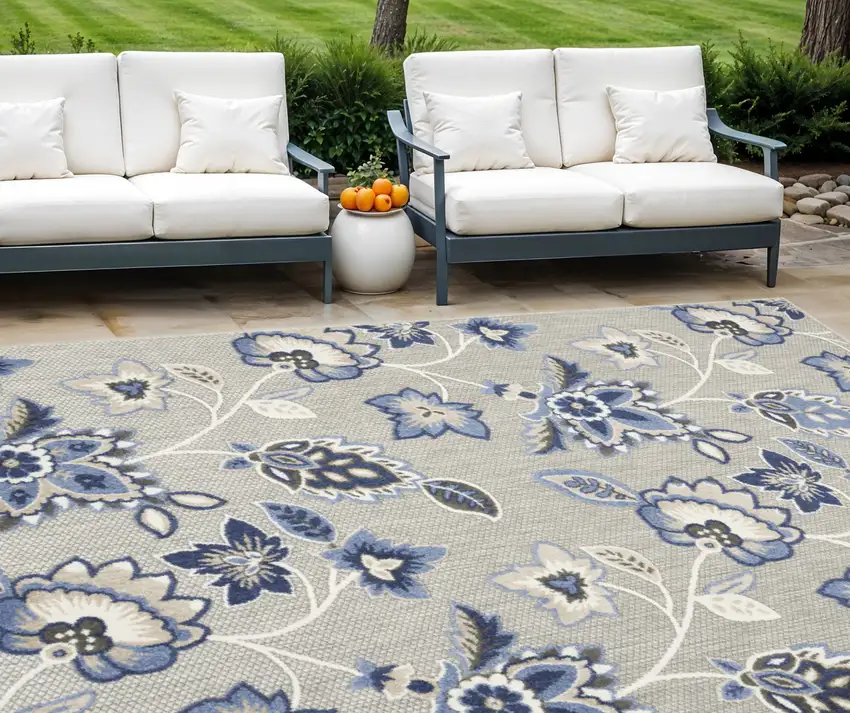 Blue and Gray Floral Non Skid Indoor Outdoor Area Rug Photo 1