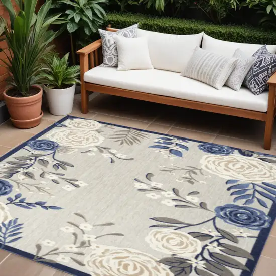 Blue And Grey Floral Stain Resistant Non Skid Area Rug Photo 1