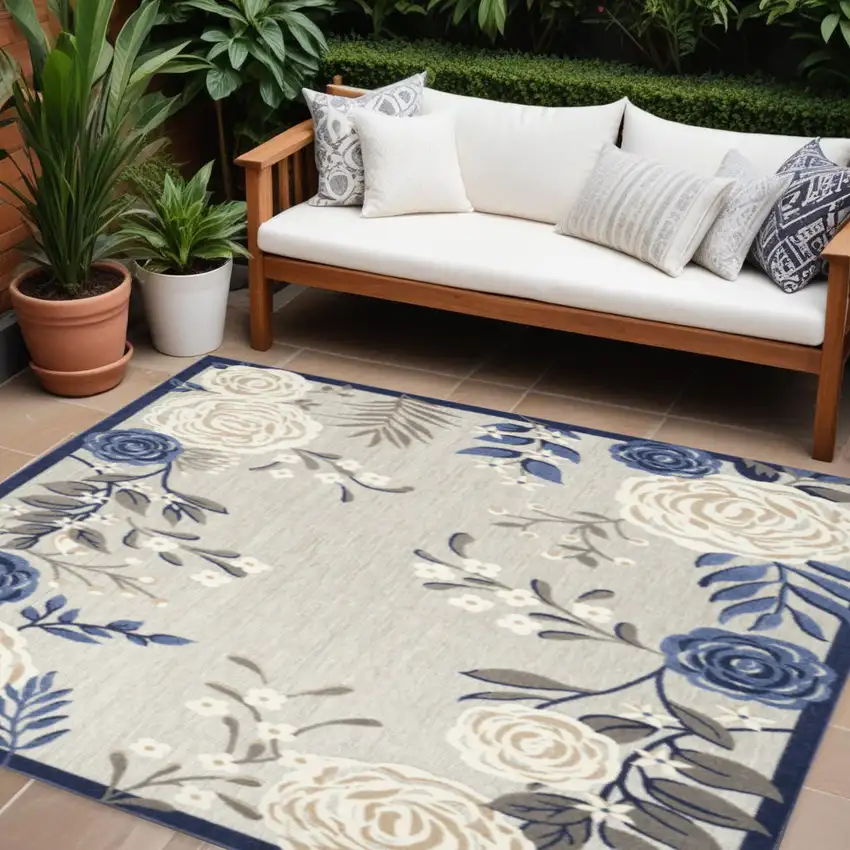 Blue And Grey Floral Stain Resistant Non Skid Area Rug Photo 1