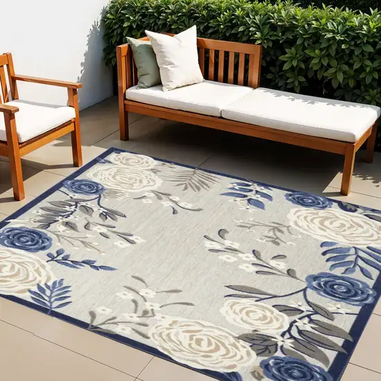Blue And Grey Floral Stain Resistant Non Skid Area Rug Photo 1