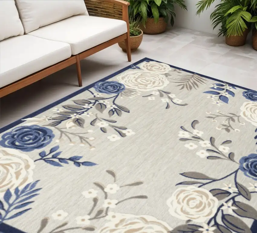 Blue And Grey Floral Stain Resistant Non Skid Area Rug Photo 1
