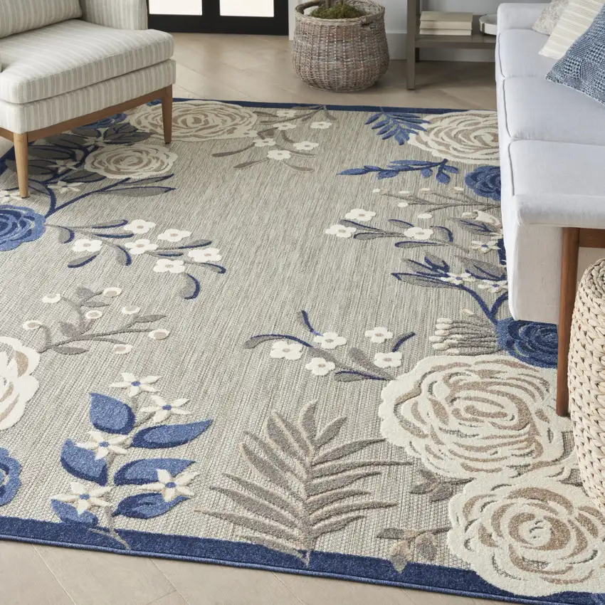 Blue And Grey Floral Stain Resistant Non Skid Area Rug Photo 9