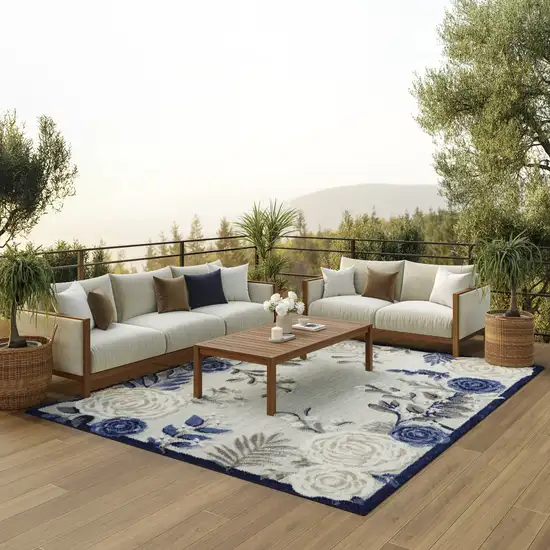 Blue and Gray Floral Non Skid Indoor Outdoor Area Rug Photo 9