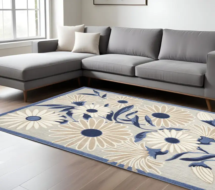 Blue And Grey Floral Stain Resistant Non Skid Area Rug Photo 2
