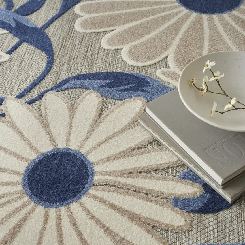 Blue And Grey Floral Stain Resistant Non Skid Area Rug Photo 8