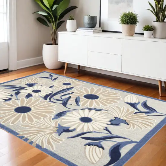 Blue And Grey Floral Stain Resistant Non Skid Area Rug Photo 2
