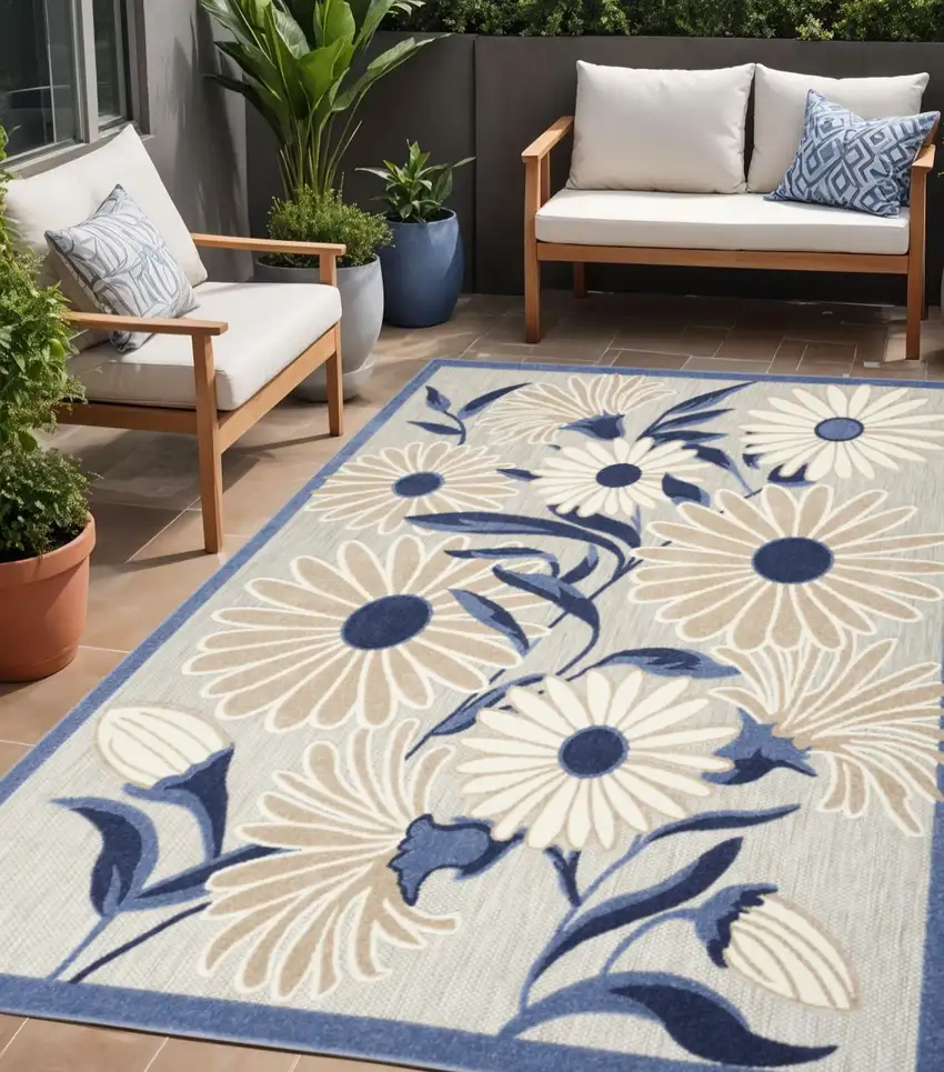 Blue and Gray Floral Non Skid Indoor Outdoor Area Rug Photo 1