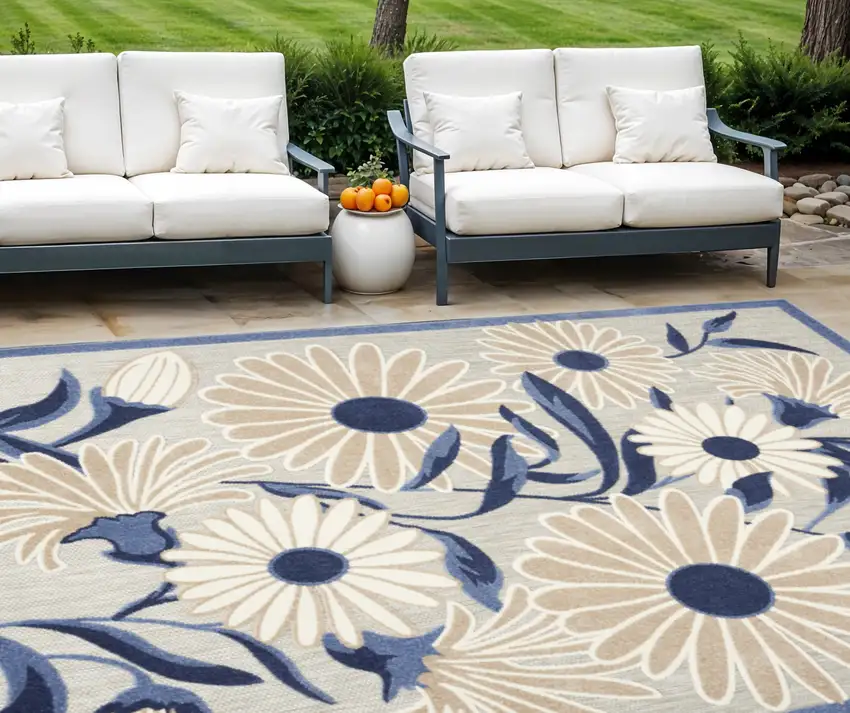 Blue and Gray Floral Non Skid Indoor Outdoor Area Rug Photo 1