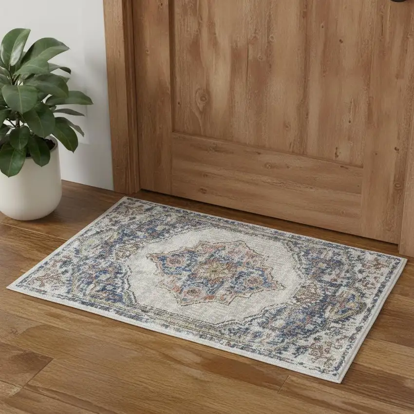 Blue And Grey Oriental Power Loom Non Skid Area Rug Photo 1