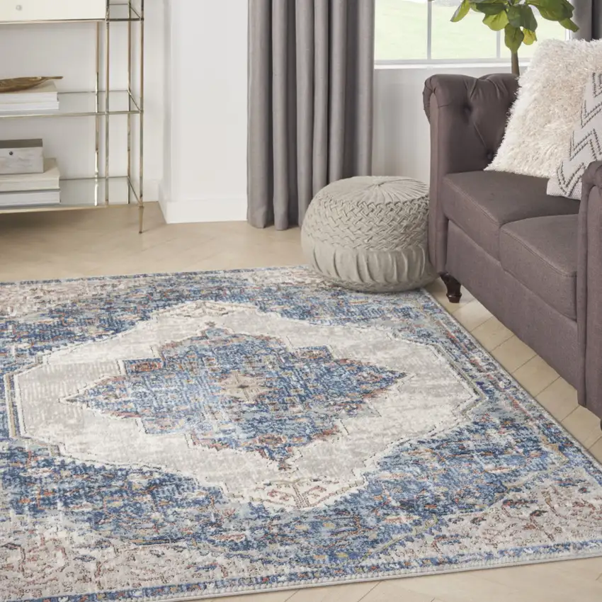 Blue And Grey Oriental Power Loom Non Skid Area Rug Photo 5