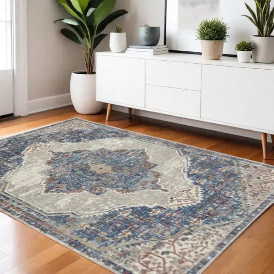 Blue And Grey Oriental Power Loom Non Skid Area Rug Photo 1