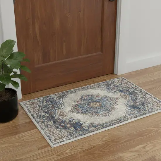 Blue And Grey Oriental Power Loom Non Skid Area Rug Photo 1