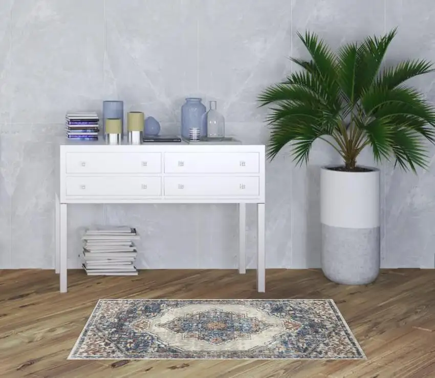 Blue And Grey Oriental Power Loom Non Skid Area Rug Photo 2