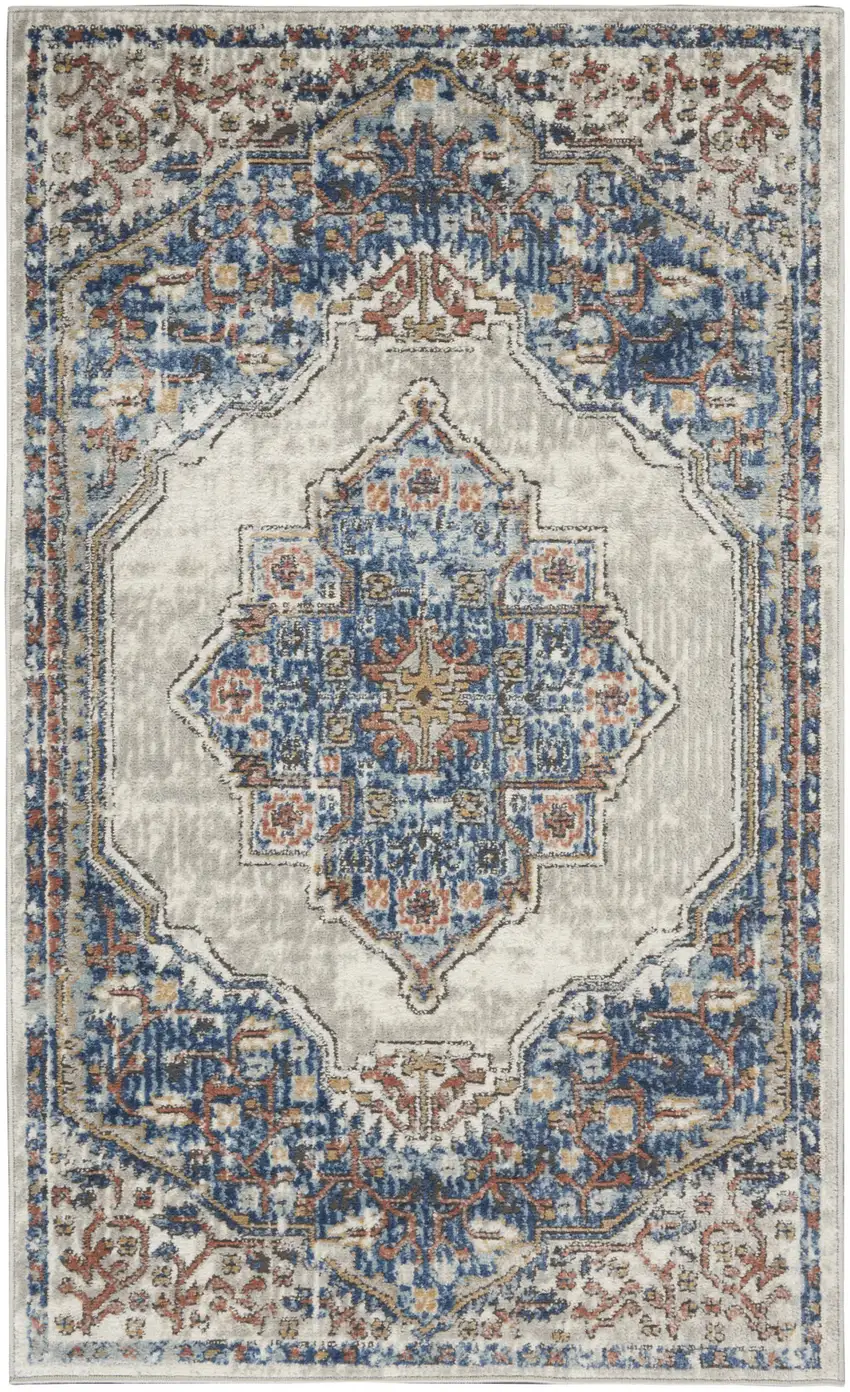 Blue And Grey Oriental Power Loom Non Skid Area Rug Photo 1