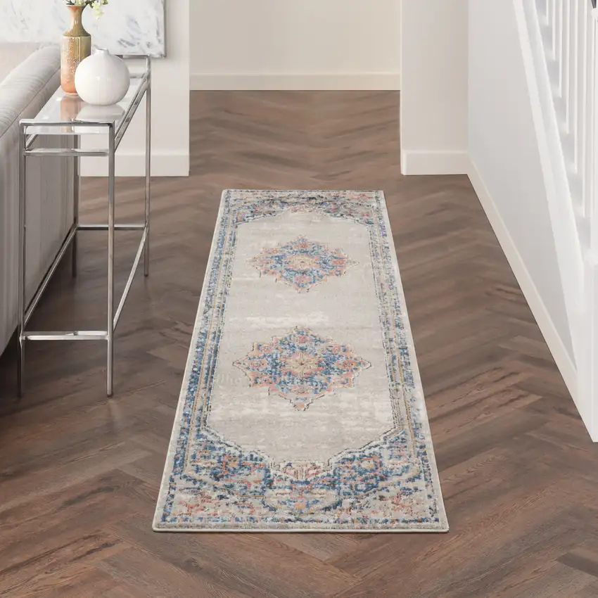 Blue And Grey Oriental Power Loom Non Skid Runner Rug Photo 5