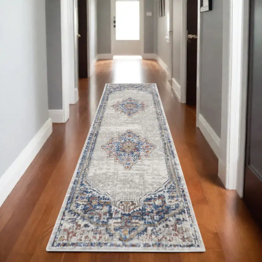 Blue And Grey Oriental Power Loom Non Skid Runner Rug Photo 1
