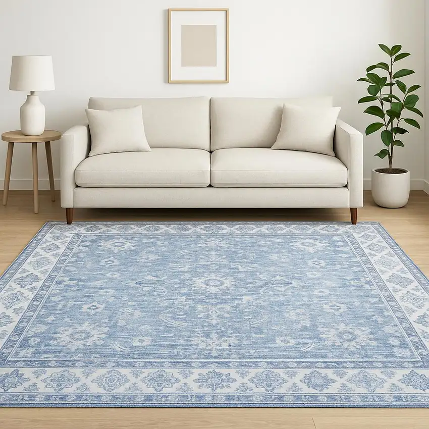 Blue And Grey Oriental Power Loom Stain Resistant Area Rug Photo 2