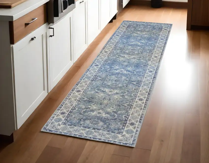 8' Blue and Gray Oriental Power Loom Runner Rug Photo 1