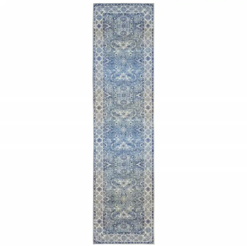 Blue And Grey Oriental Power Loom Stain Resistant Runner Rug Photo 1