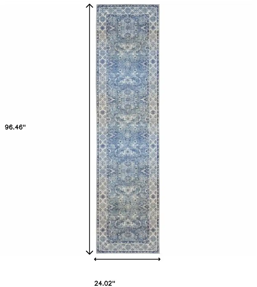 Blue And Grey Oriental Power Loom Stain Resistant Runner Rug Photo 9