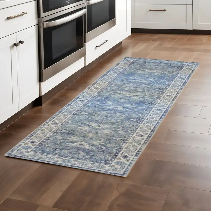 8' Blue and Gray Oriental Power Loom Runner Rug Photo 1