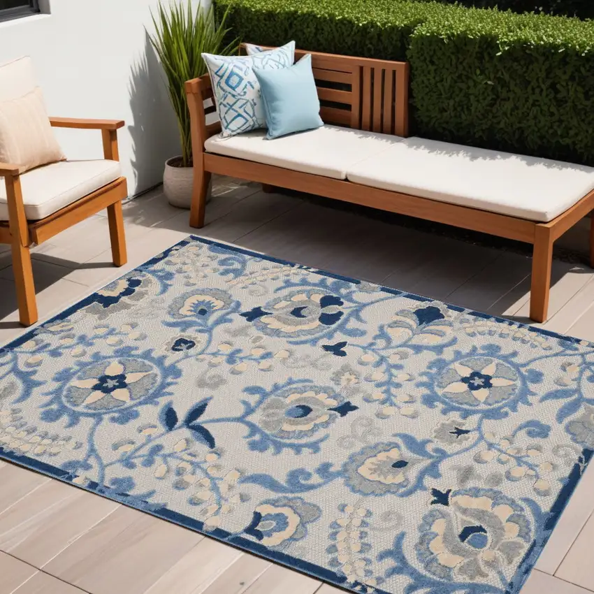 Blue And Grey Toile Non Skid Indoor Outdoor Area Rug Photo 1