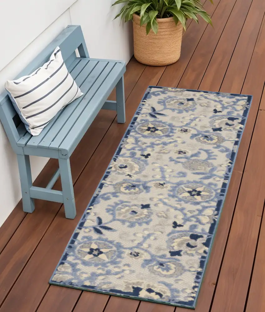 6' Blue And Gray Indoor Outdoor Runner Rug Photo 2