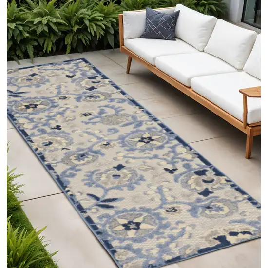 8' Blue And Gray Indoor Outdoor Runner Rug Photo 2