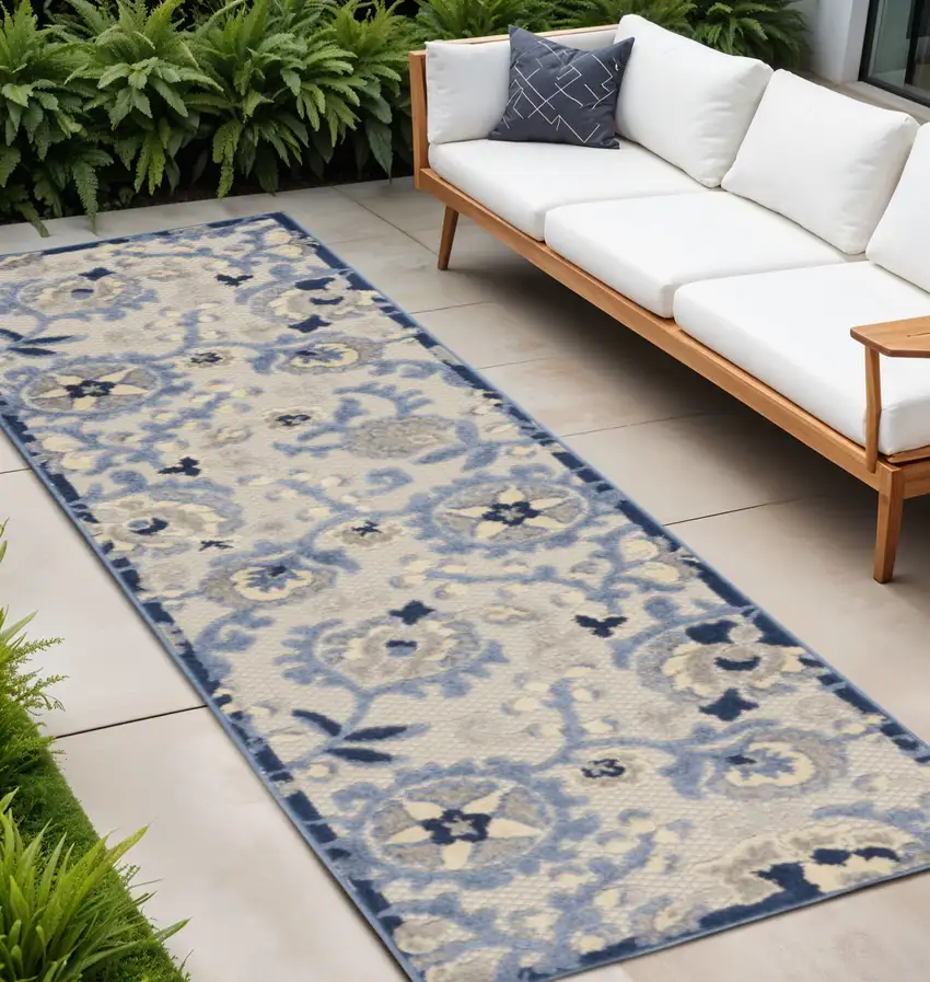 8' Blue And Gray Indoor Outdoor Runner Rug Photo 2