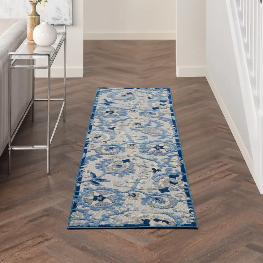 Blue And Grey Toile Non Skid Indoor Outdoor Runner Rug Photo 7