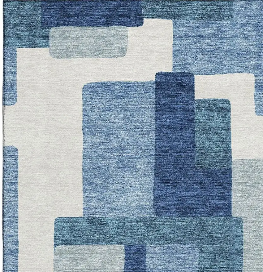 Blue And Ivory Abstract Geometric Washable Area Rug With UV Protection Photo 3