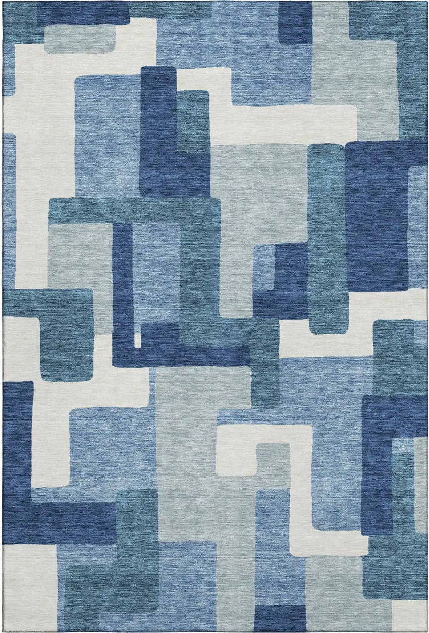 Blue And Ivory Abstract Geometric Washable Area Rug With UV Protection Photo 1