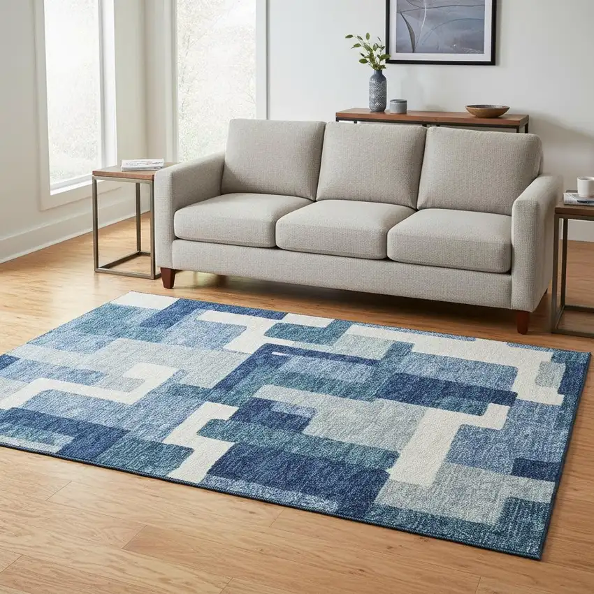Blue And Ivory Abstract Geometric Washable Area Rug With UV Protection Photo 2