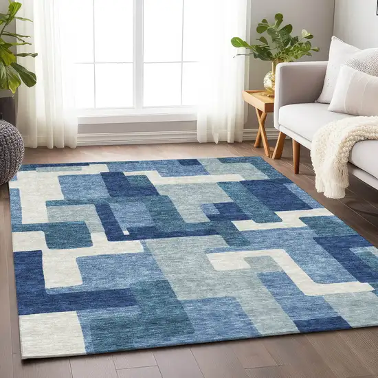 Blue And Ivory Abstract Geometric Washable Area Rug With UV Protection Photo 5